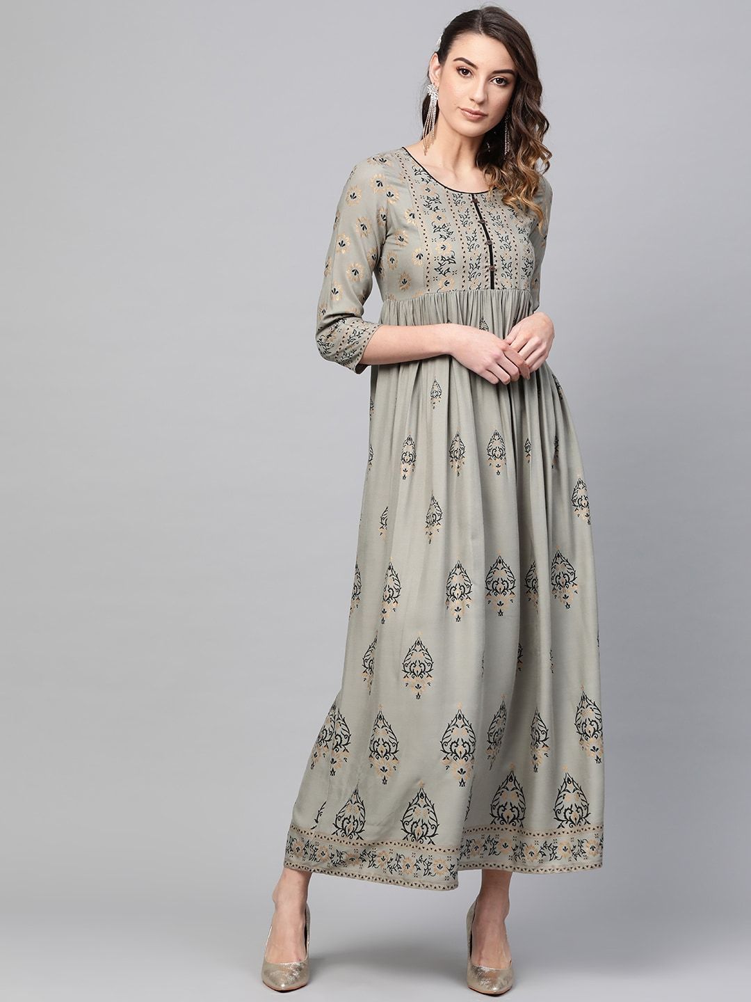 Women's  Grey & Black Block Printed Maxi Dress