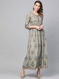 Women's  Grey & Black Block Printed Maxi Dress