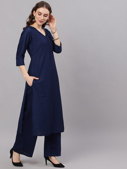 Women's  Navy Blue Woven Design Kurta with Palazzos