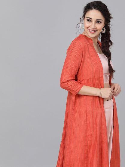 Couture Women's  Orange Self Design Open Front Longline Shrug