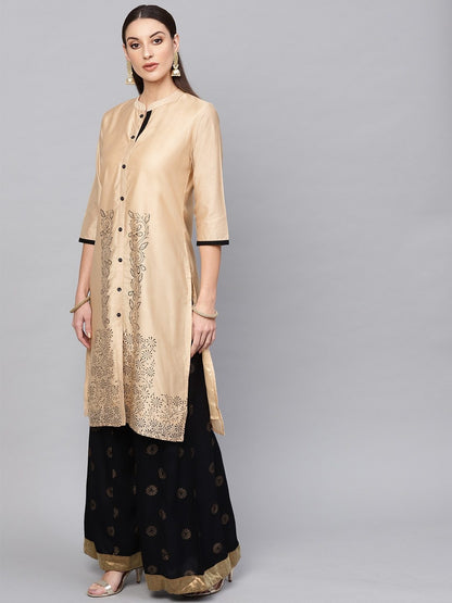 Women's  Beige & Black Printed Straight Kurta