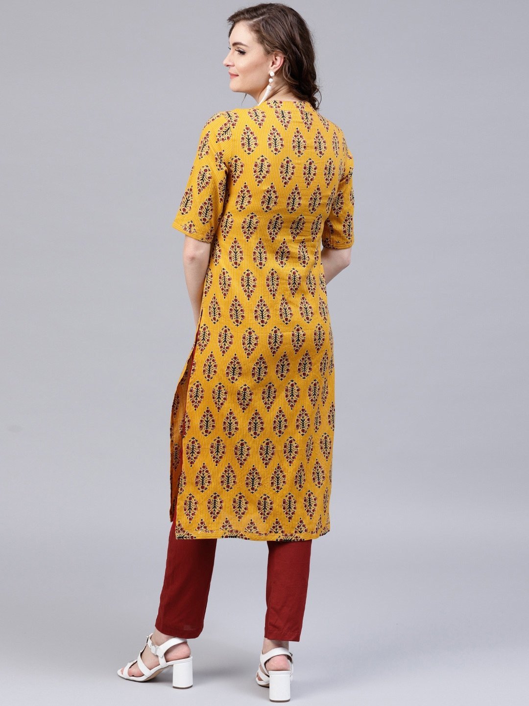 Women's  Yellow & Maroon Printed Kantha Work Kurta with Trousers