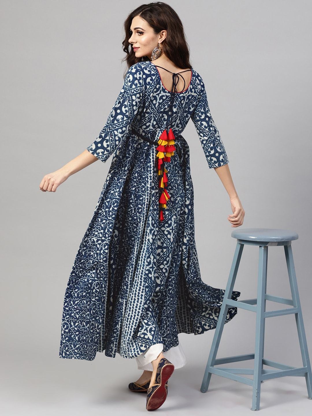 Women's  Blue & White Printed Anarkali Kurta
