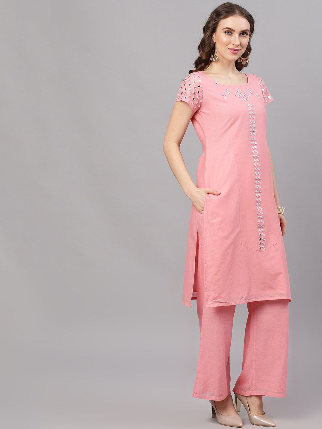 Women's  Pink Mirror Work Kurta with Palazzos