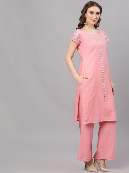 Women's  Pink Mirror Work Kurta with Palazzos