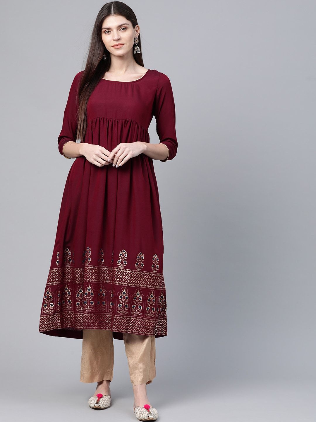 Women's  Maroon & Golden Printed Hem Empire A-Line Kurta