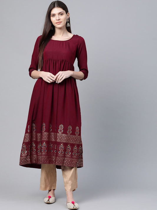 Women's  Maroon & Golden Printed Hem Empire A-Line Kurta