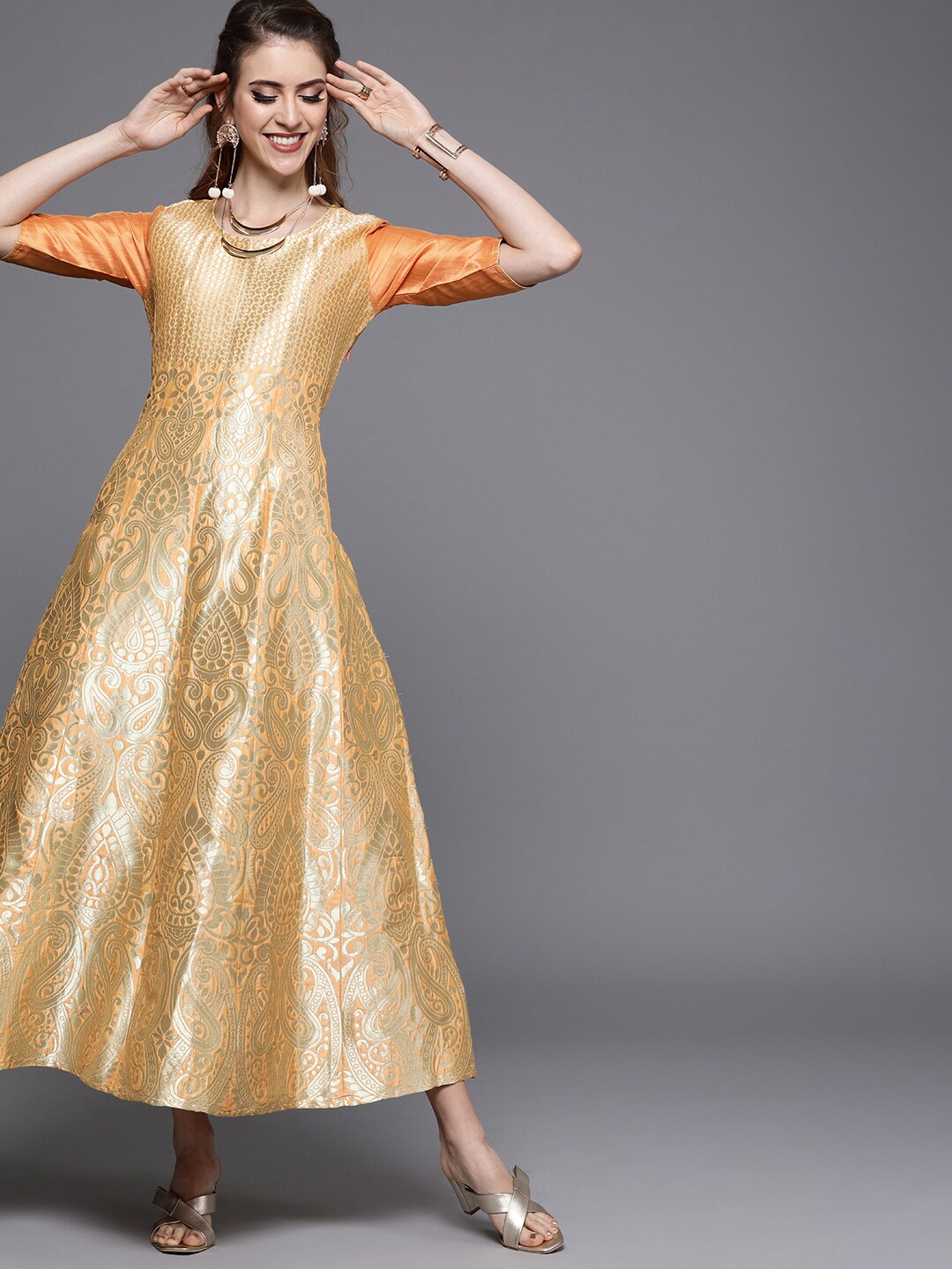 Women's Peach Jacquard Maxi Dress
