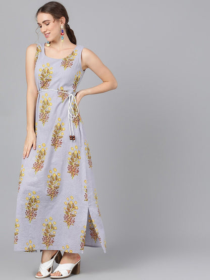 Women's  Grey Printed Kantha Work Maxi Dress