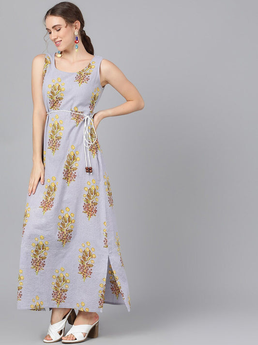 Women's  Grey Printed Kantha Work Maxi Dress