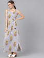 Women's  Grey Printed Kantha Work Maxi Dress