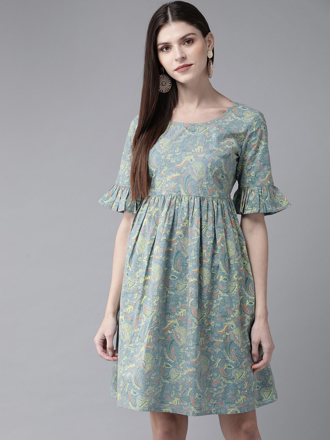 Women's  Blue & Yellow Printed A-Line Dress