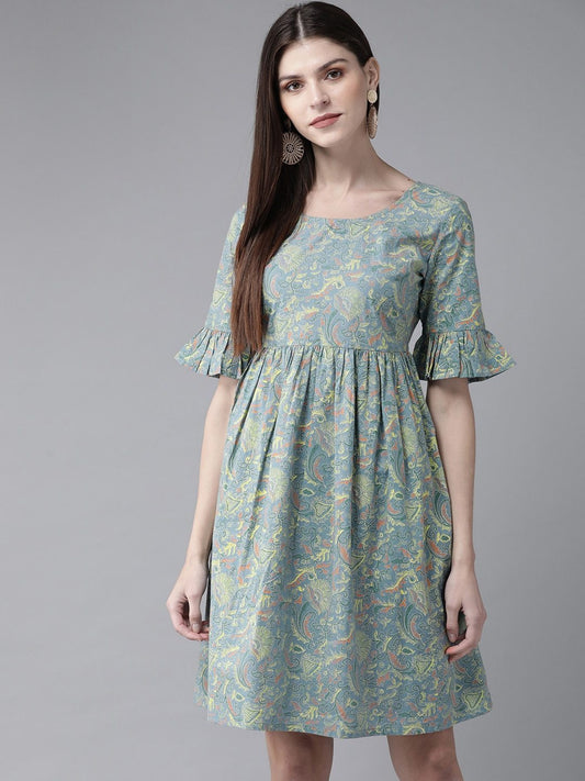 Women's  Blue & Yellow Printed A-Line Dress