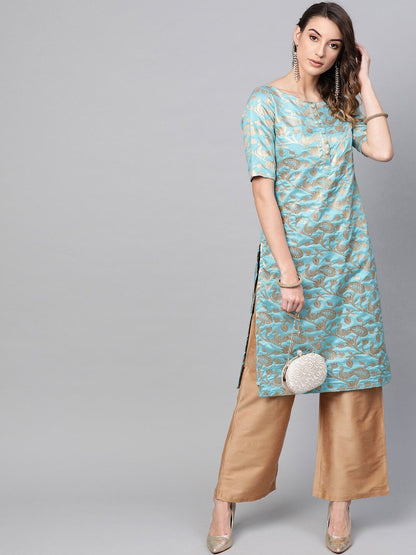Women's  Blue & Golden Brocade Woven Design Straight Kurta