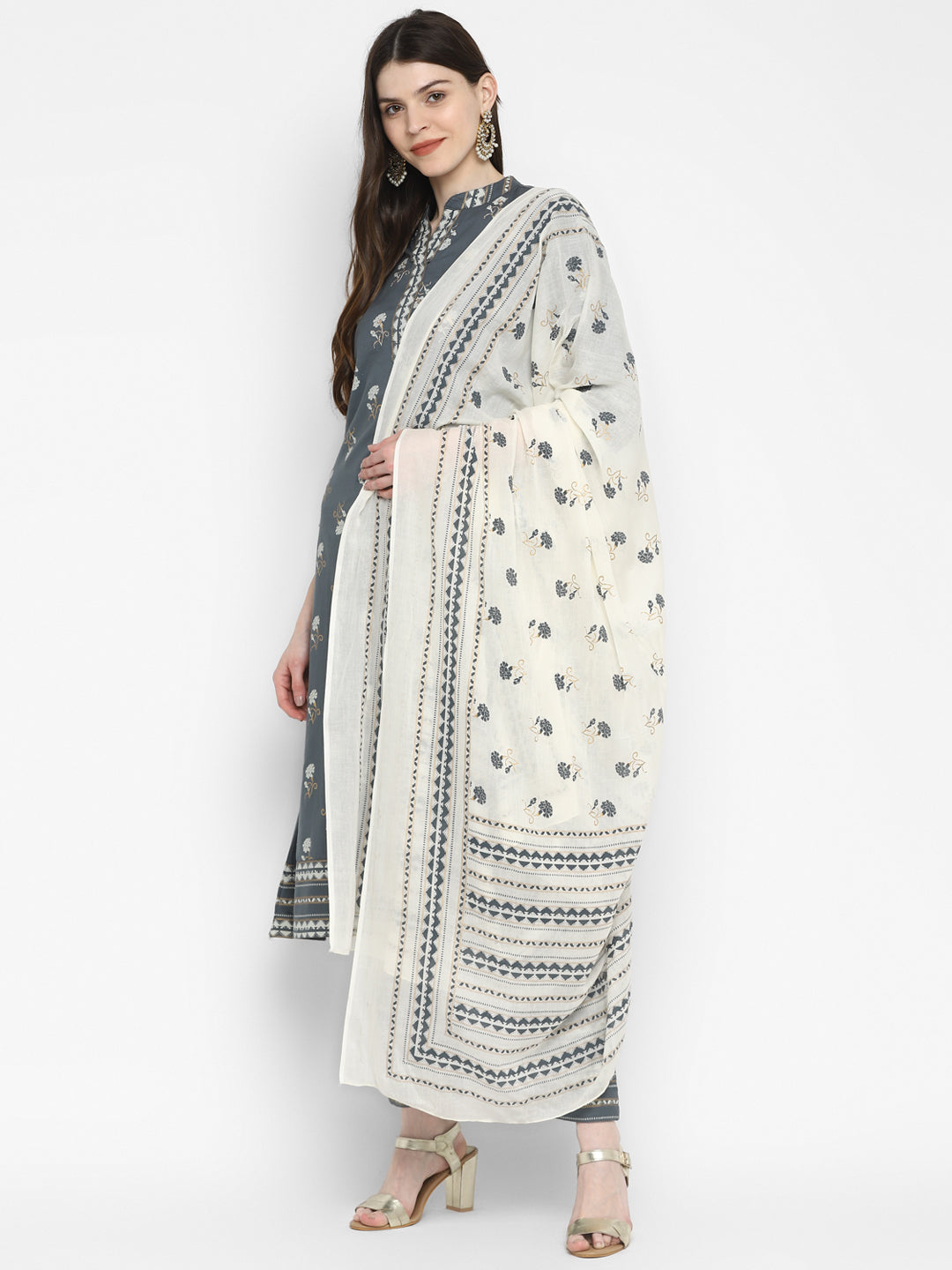 Women's Floral Print & Embroidered A-Line Cotton Grey Kurta Pant With Dupatta (3Pcs Set)