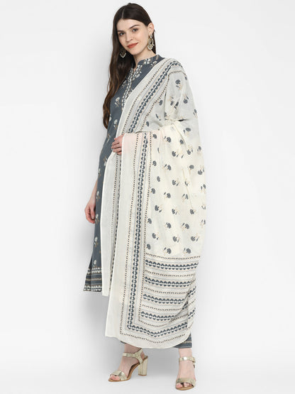 Women's Floral Print & Embroidered A-Line Cotton Grey Kurta Pant With Dupatta (3Pcs Set)