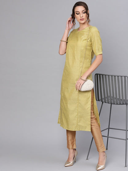 Women's  Green & Golden Woven Design Straight Kurta