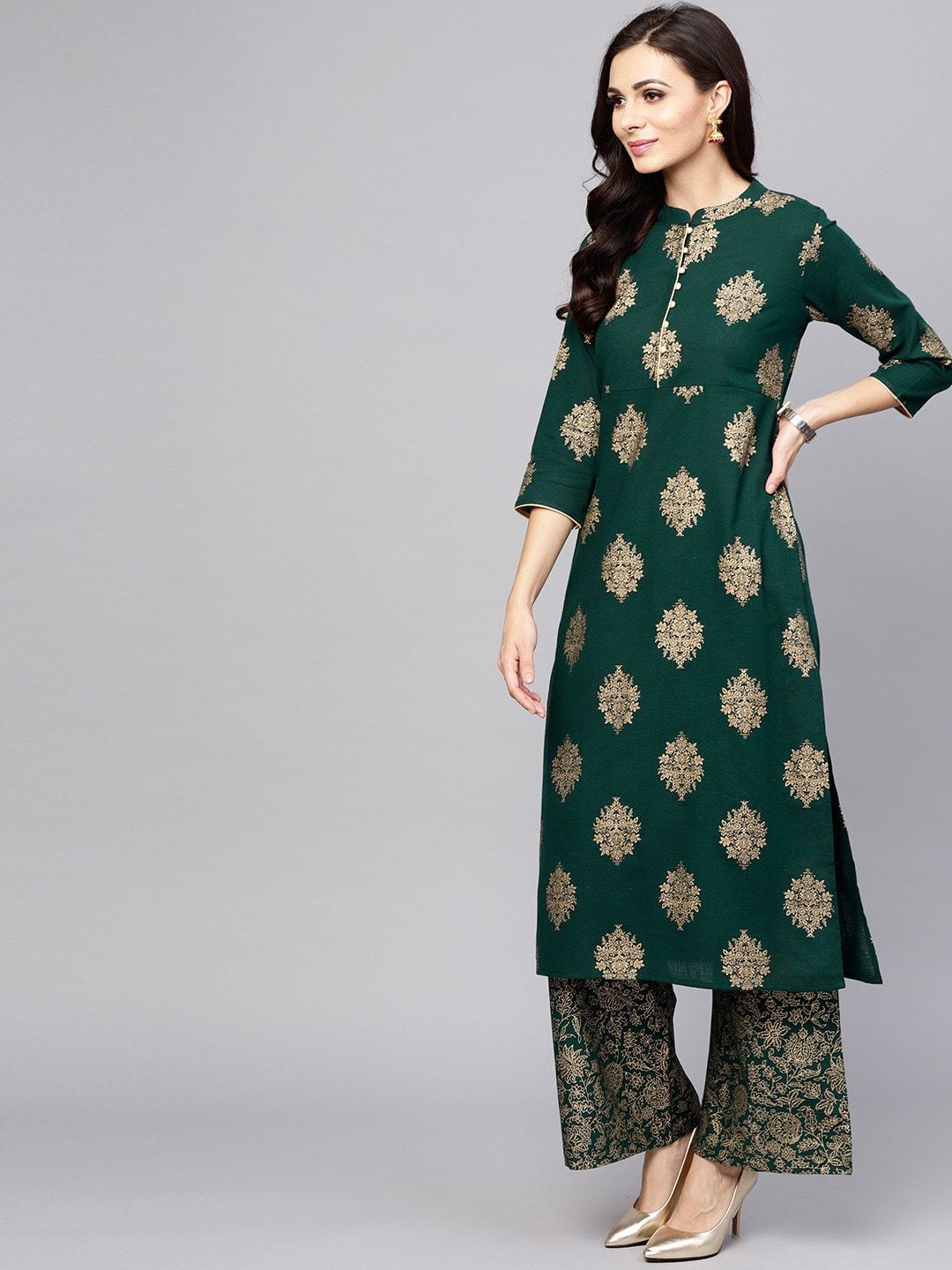Women's  Green & Golden Printed Kurta with Palazzos