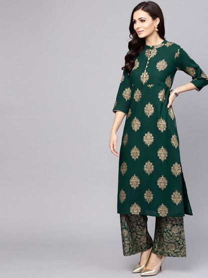 Women's  Green & Golden Printed Kurta with Palazzos