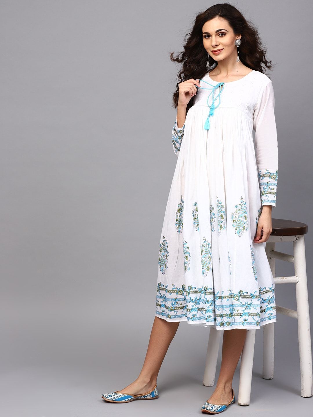 Women's  White & Blue Printed A-Line Dress