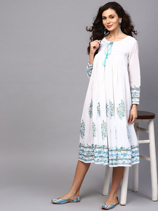 Women's  White & Blue Printed A-Line Dress