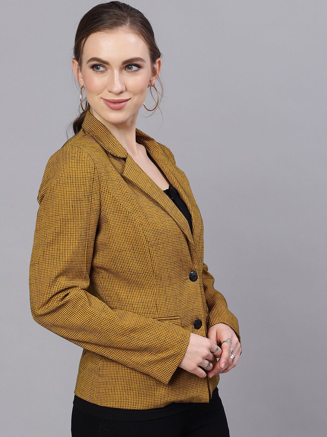 Women's  Mustard Checked Gingham Checked Blazer