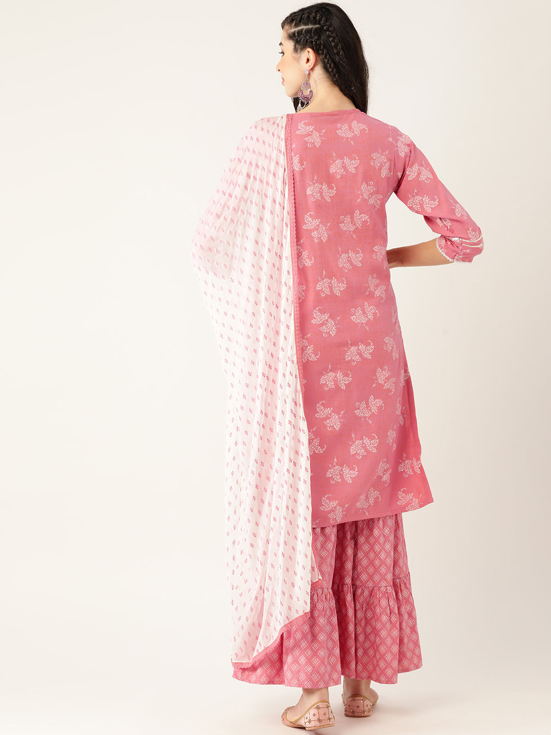 Women's Pink Color Rayon Blend Printed Straight Kurta Sharara With Dupatta