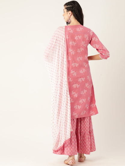 Women's Pink Color Rayon Blend Printed Straight Kurta Sharara With Dupatta