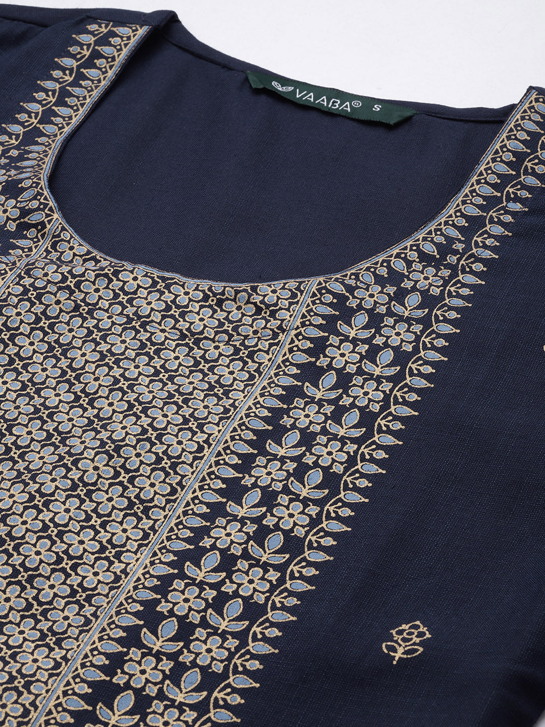 Women's Navy Cotton Blend Panelled Printed Straight Kurta Trouser Set With Dupatta