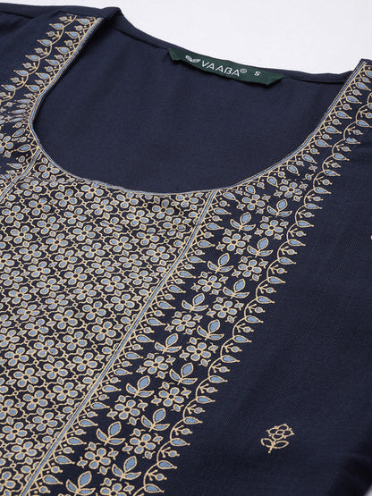Women's Navy Cotton Blend Panelled Printed Straight Kurta Trouser Set With Dupatta