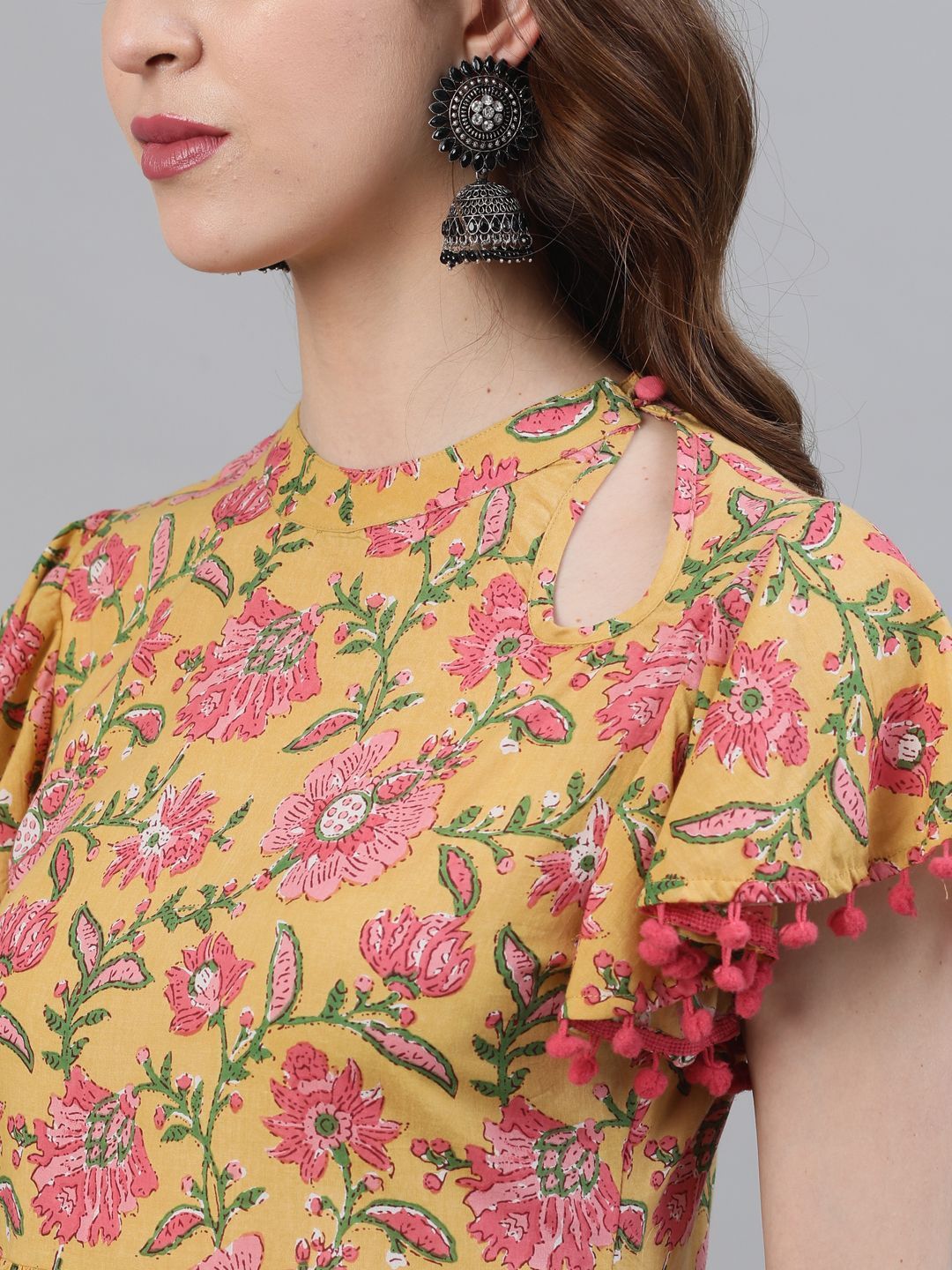 Women's Yellow & Pink Floral Printed Maxi With Pom-Pom Details