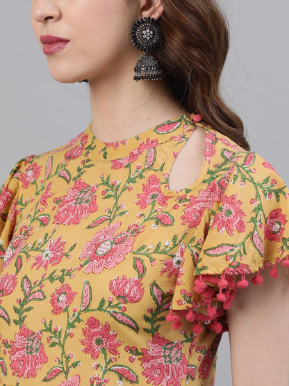 Women's Yellow & Pink Floral Printed Maxi With Pom-Pom Details
