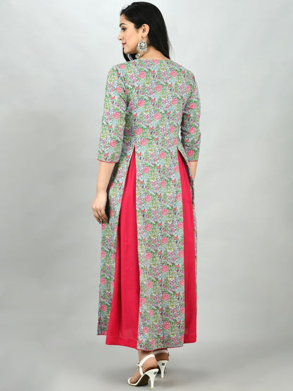 Women's Multi Cotton Printed 3/4 Sleeve V Neck Casual Dress