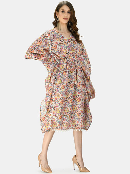 Women's Multicolor Silk Blend Printed Half Sleeve V Neck Casual Kaftaan