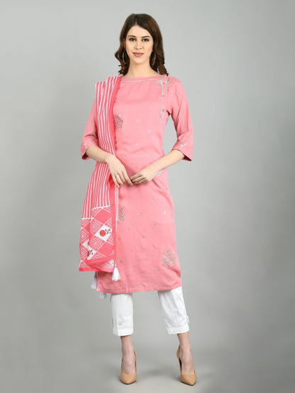 Women's Pink Cotton Printed 3/4 Sleeve Round Neck Casual Kurta Dupatta Set