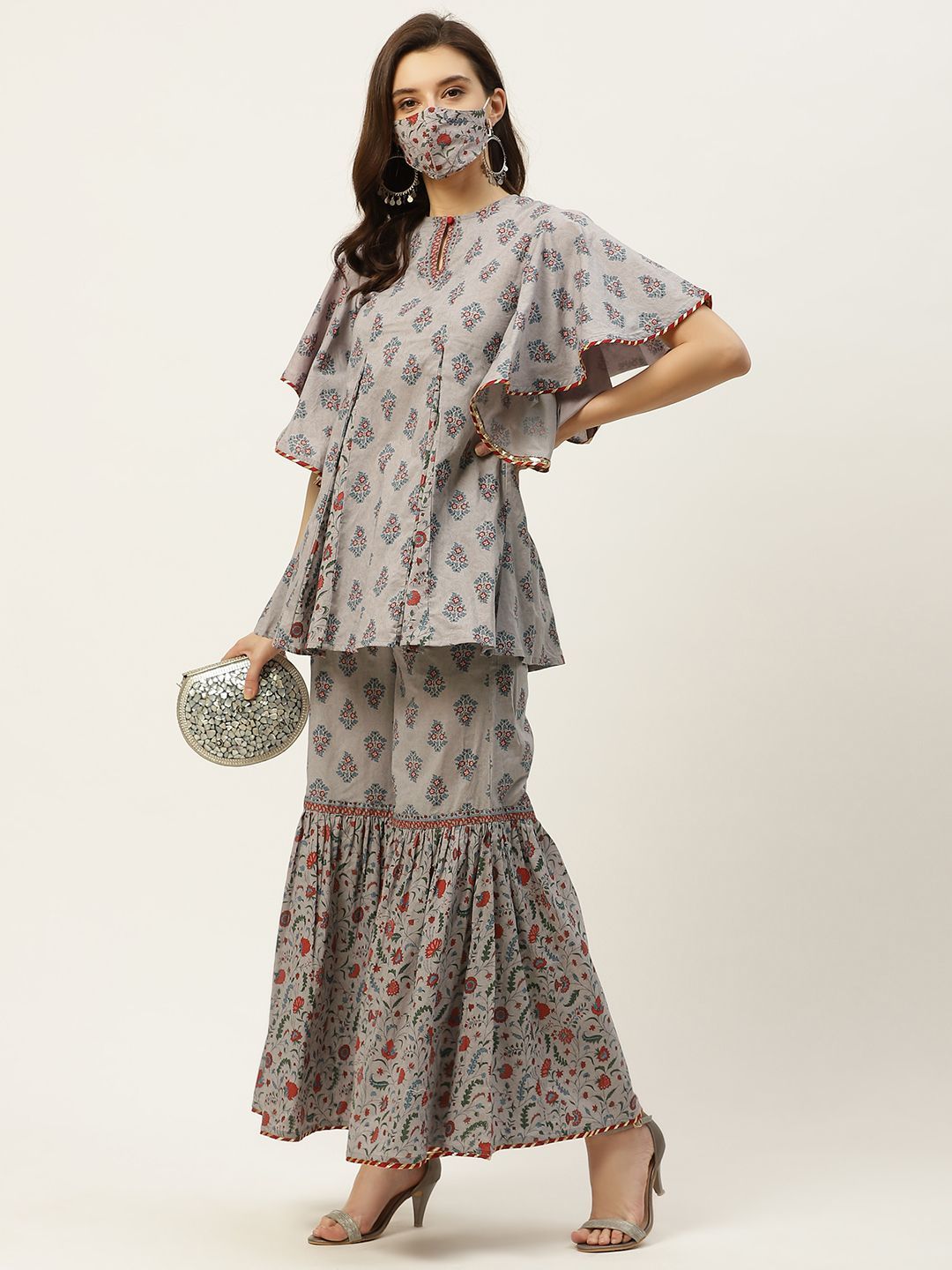 Women's Floral Print Tunic Sharara Set With Mask