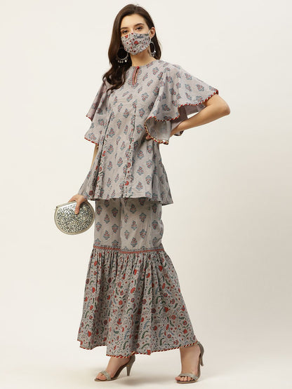 Women's Floral Print Tunic Sharara Set With Mask
