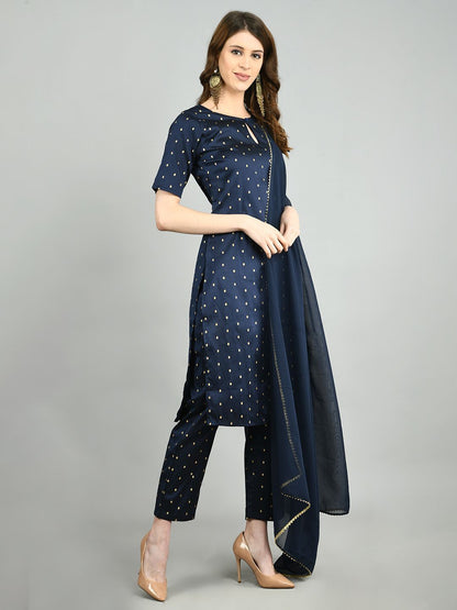 Women's Navy Blue Polyester Printed Half Sleeve Round Neck Casual Kurta Pant Dupatta Set