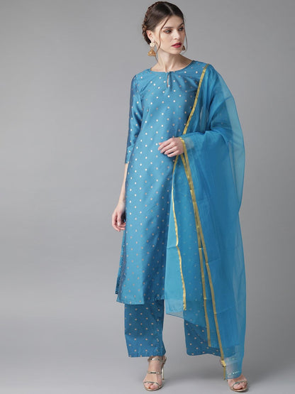 Women's  Blue & Golden Woven Design Kurta with Palazzos & Dupatta