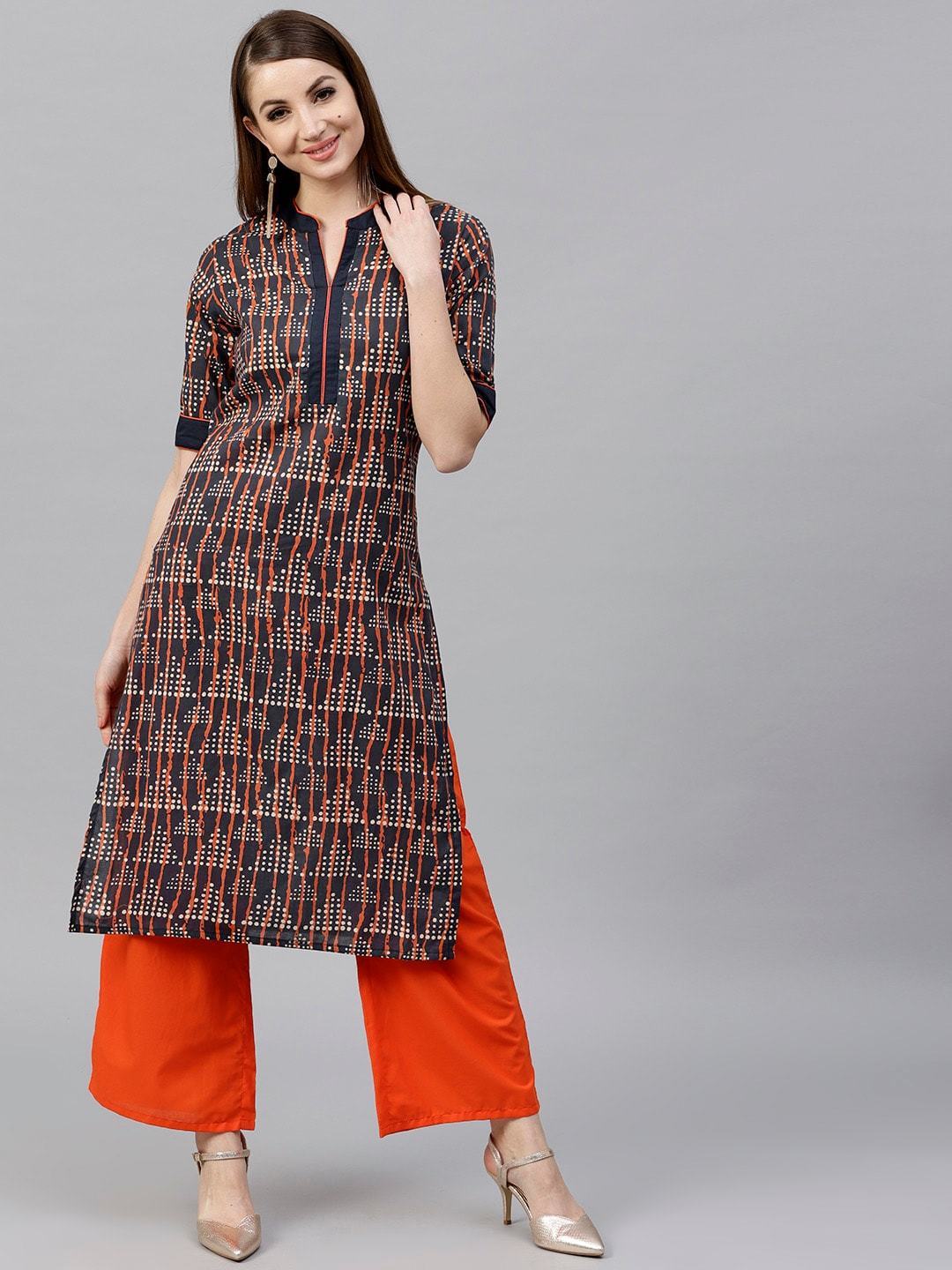Women's  Navy & Orange Printed Kurta with Palazzos