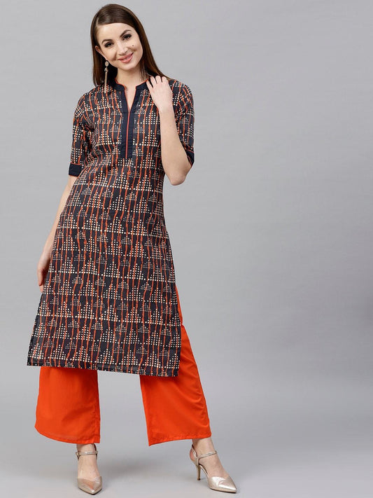 Women's  Navy & Orange Printed Kurta with Palazzos