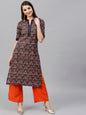 Women's  Navy & Orange Printed Kurta with Palazzos