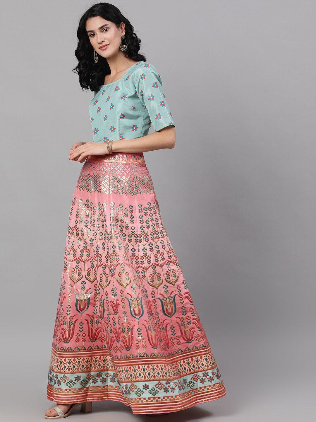 Women's Peach-Coloured & Sea Green Printed Ready to Wear Lehenga & Blouse with Dupatt