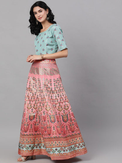 Women's Peach-Coloured & Sea Green Printed Ready to Wear Lehenga & Blouse with Dupatt