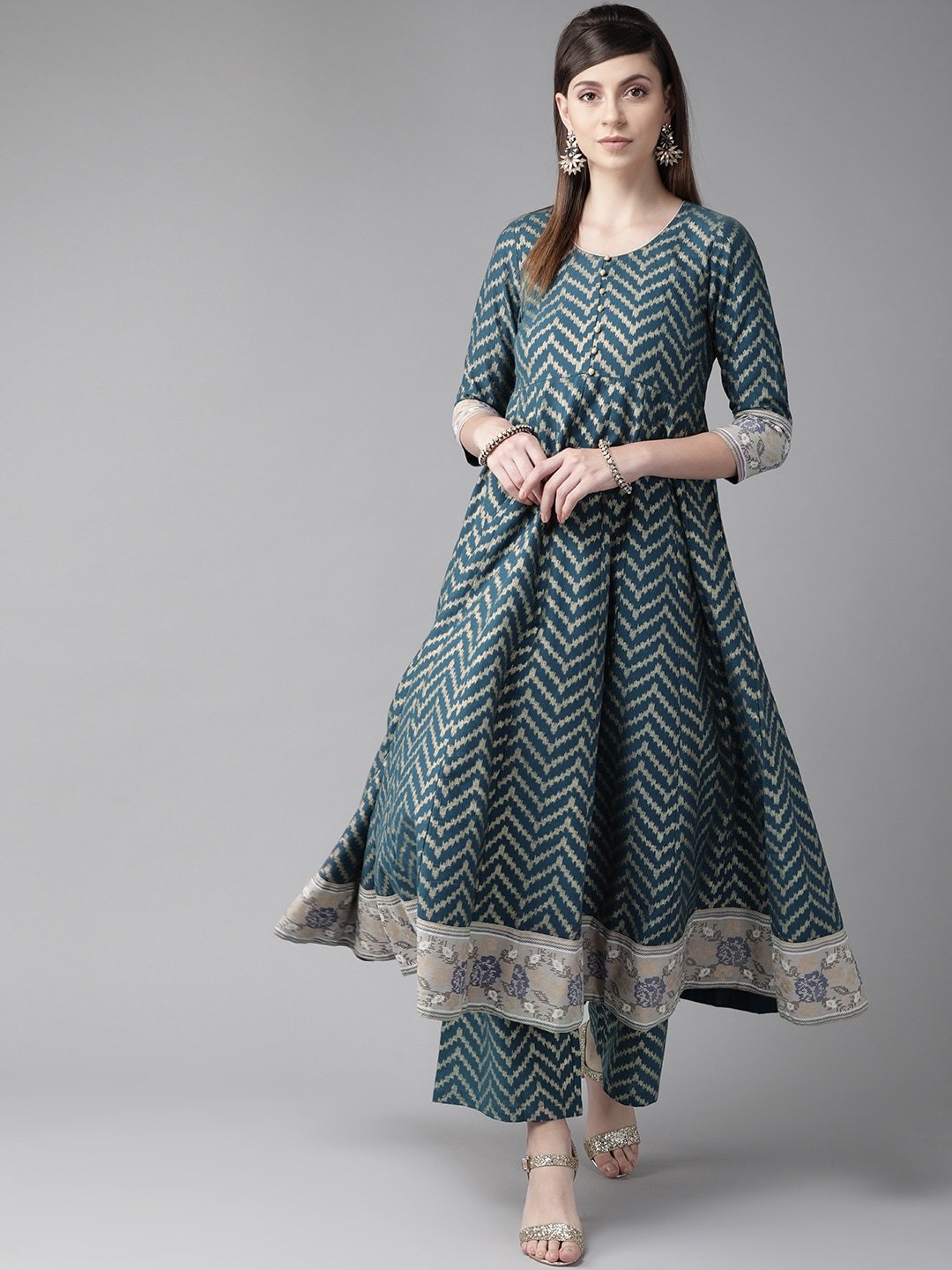 Women's  Teal Blue & Golden Chevron Print Anarkali Kurta