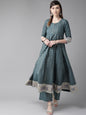 Women's  Teal Blue & Golden Chevron Print Anarkali Kurta