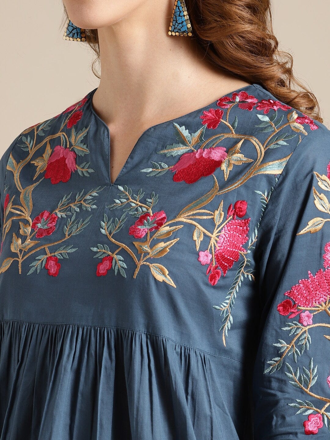 Women's Blue Floral Yoke Design Kurta