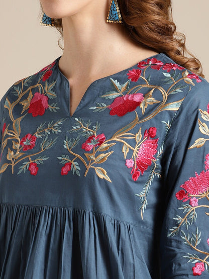 Women's Blue Floral Yoke Design Kurta