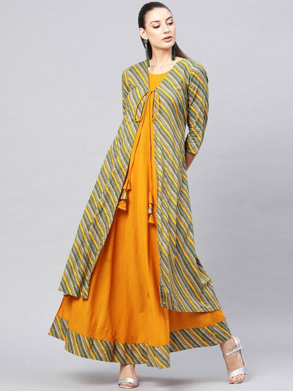 Women's  Green & Mustard Yellow Printed Layered Maxi Dres