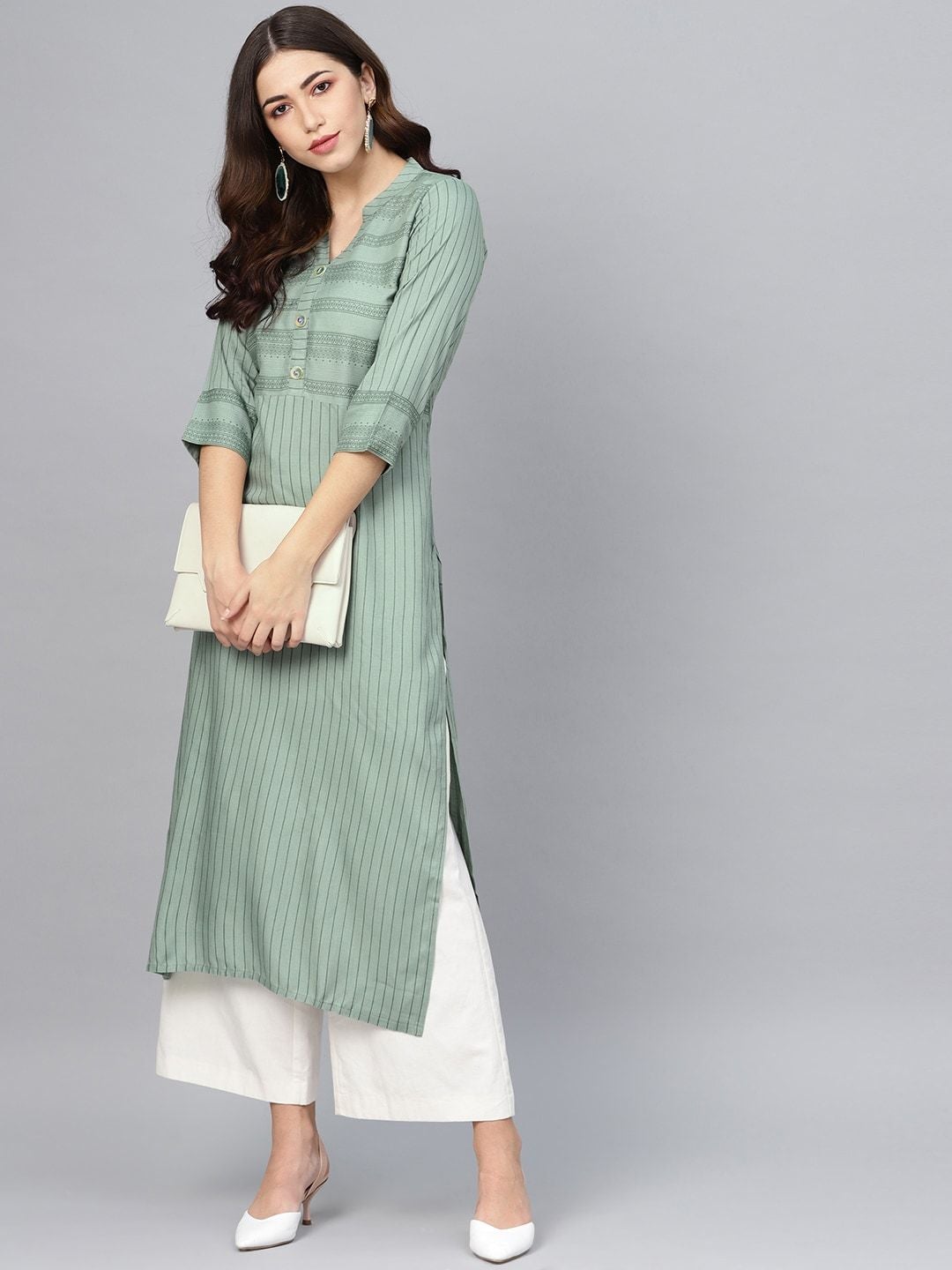 Women's Green Striped Straight Kurta